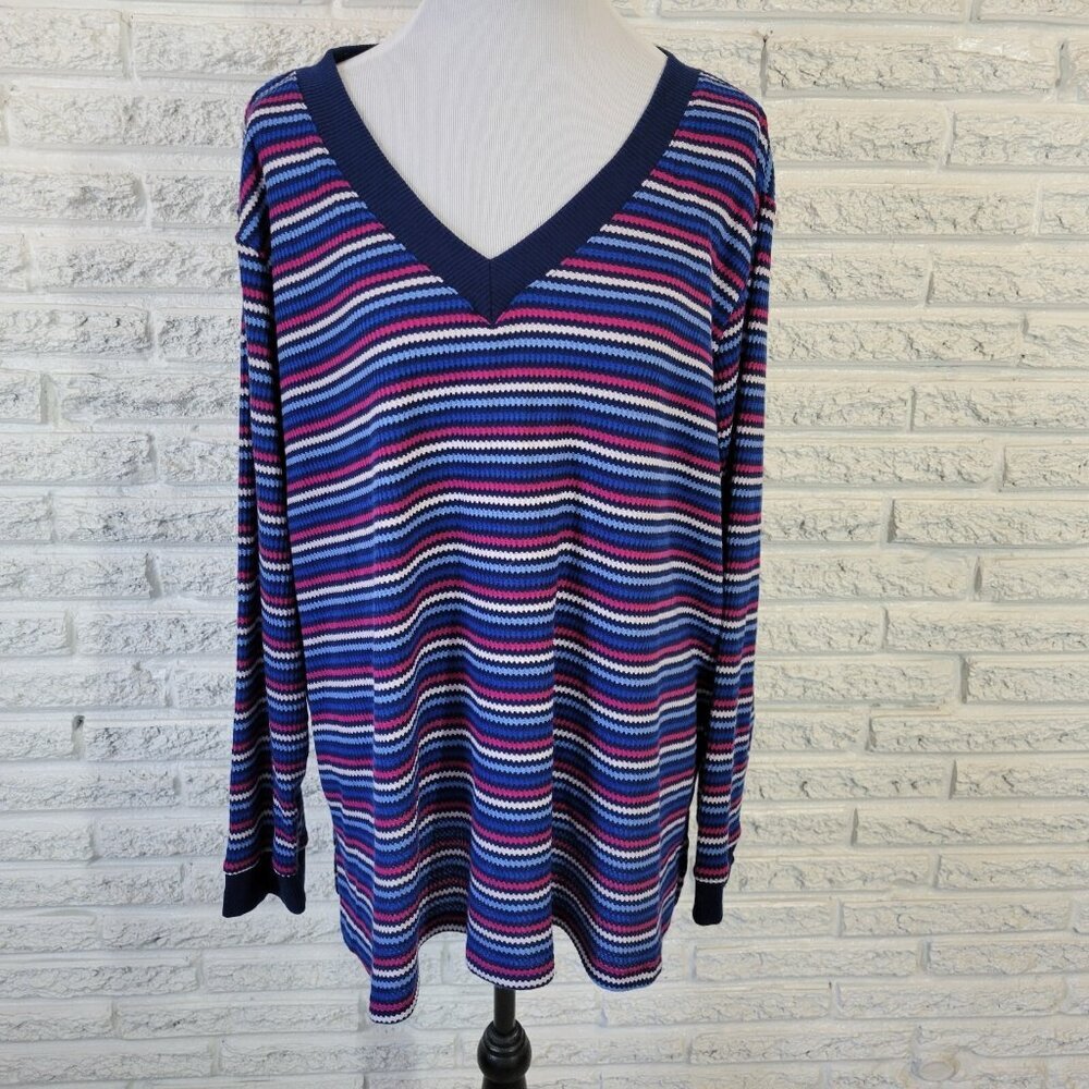 St. John's Bay 2X Plus Size Sweater Blue Red Striped V-Neck Long Sleeve STR227E